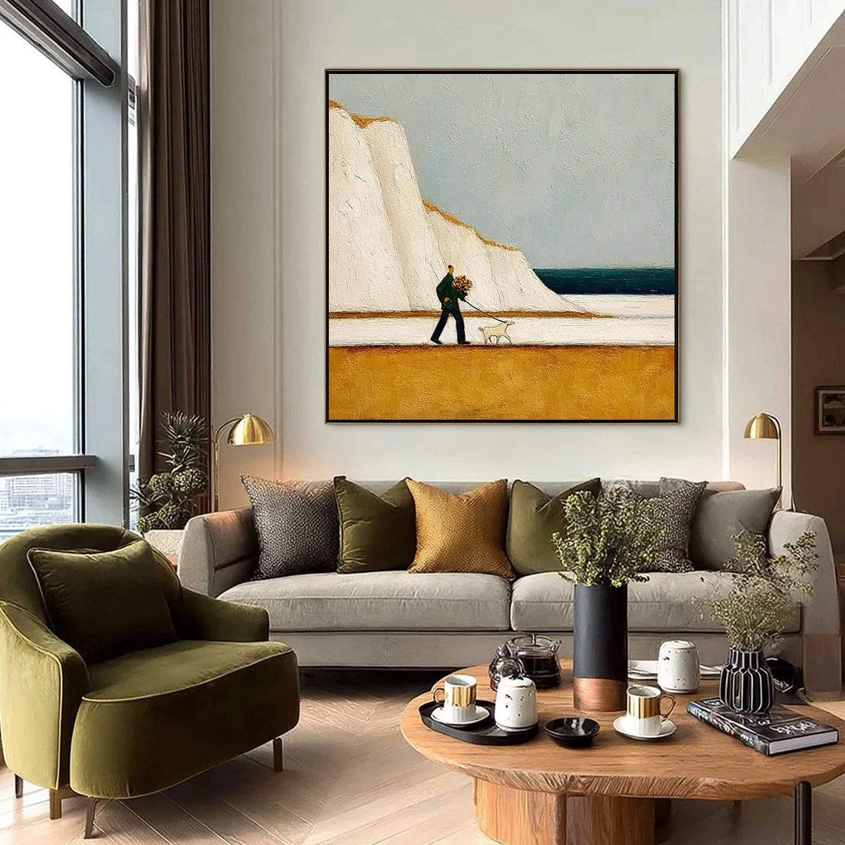 COASTAL DEVOTION: Textured Wabi Sabi Seascape Oil Painting | black frame version on white wall