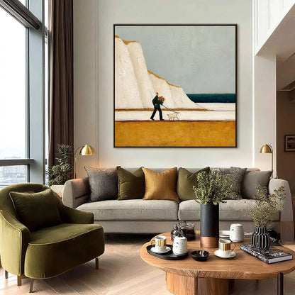 COASTAL DEVOTION: Textured Wabi Sabi Seascape Oil Painting | black frame version on white wall