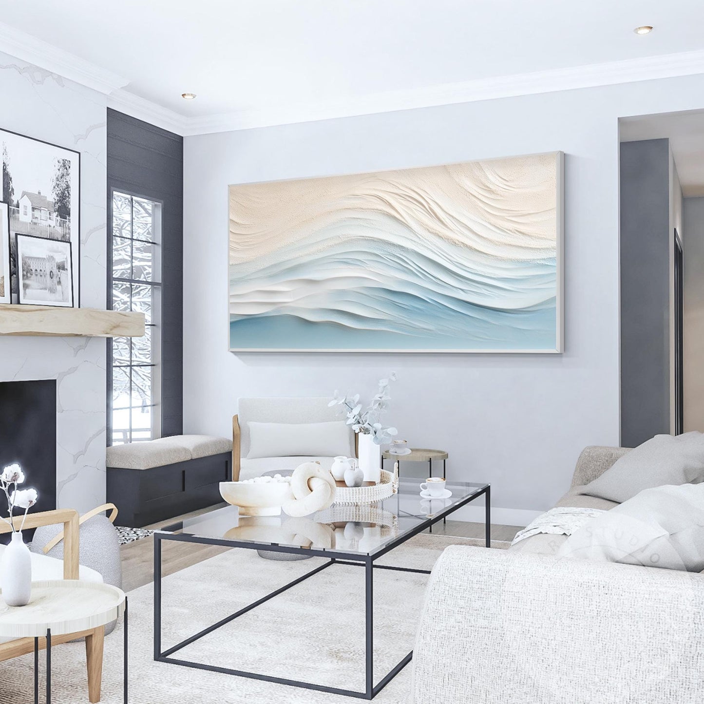 Textured Wave Painting, Beige Pale Blue Coastal Abstract Wall Art, 3D Minimalist #2