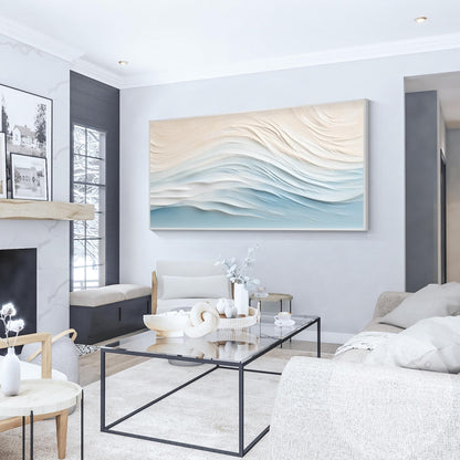 Textured Wave Painting, Beige Pale Blue Coastal Abstract Wall Art, 3D Minimalist #2