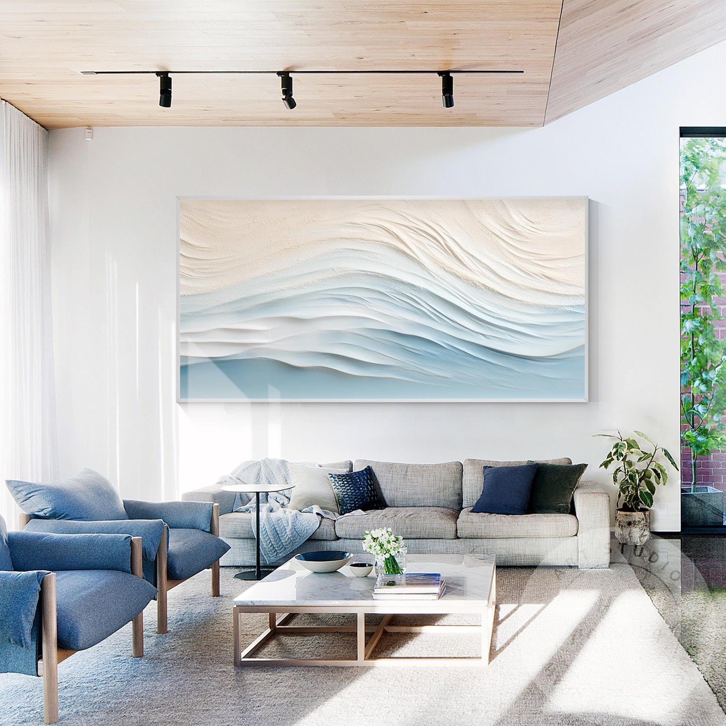 Textured Wave Painting, Beige Pale Blue Coastal Abstract Wall Art, 3D Minimalist #3