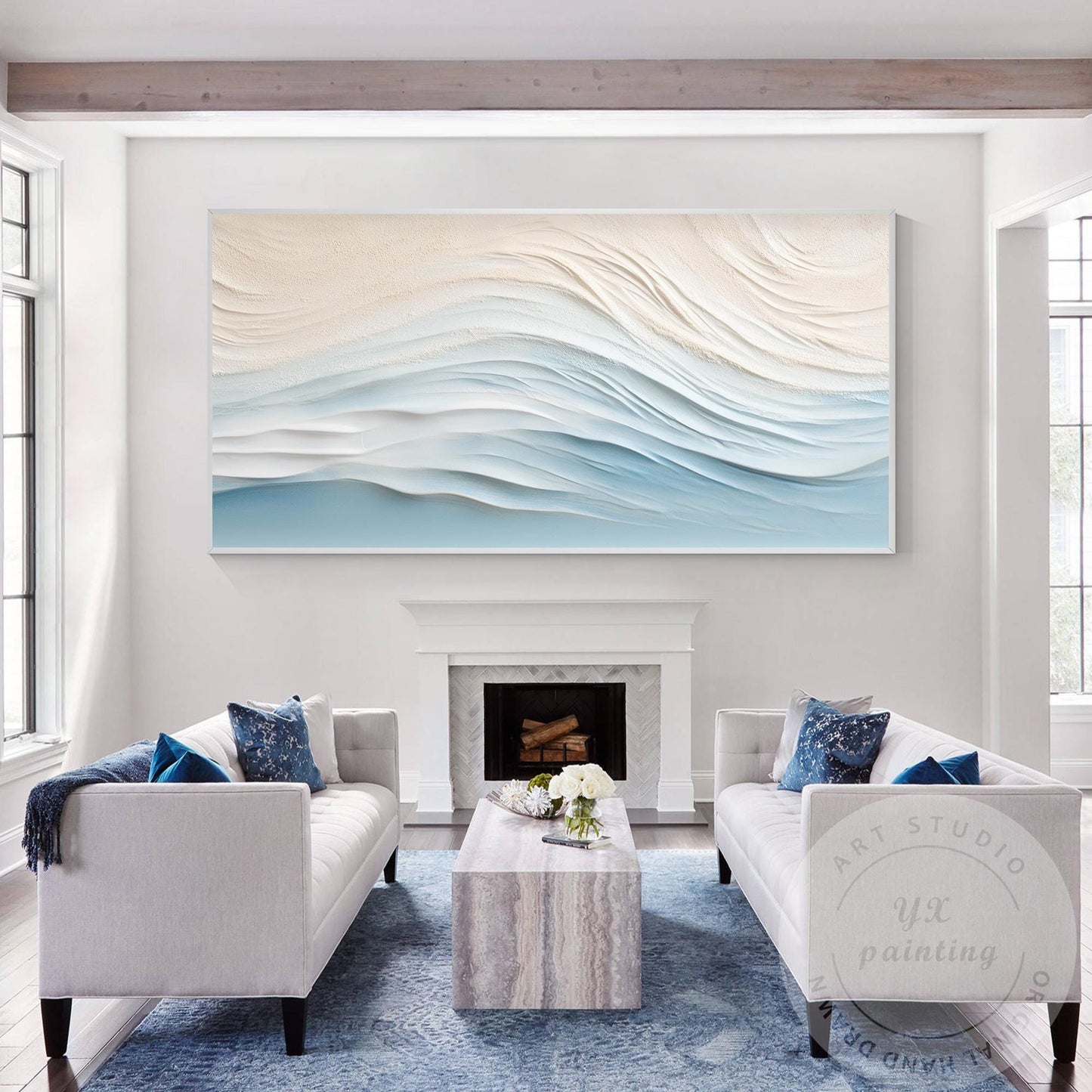 Textured Wave Painting, Beige Pale Blue Coastal Abstract Wall Art, 3D Minimalist #4