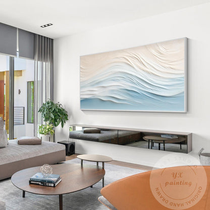 Textured Wave Painting, Beige Pale Blue Coastal Abstract Wall Art, 3D Minimalist #5