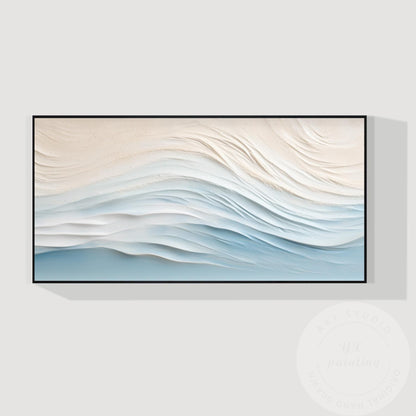 Textured Wave Painting, Beige Pale Blue Coastal Abstract Wall Art, 3D Minimalist #8