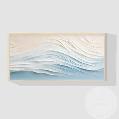 Textured Wave Painting, Beige Pale Blue Coastal Abstract Wall Art, 3D Minimalist #9