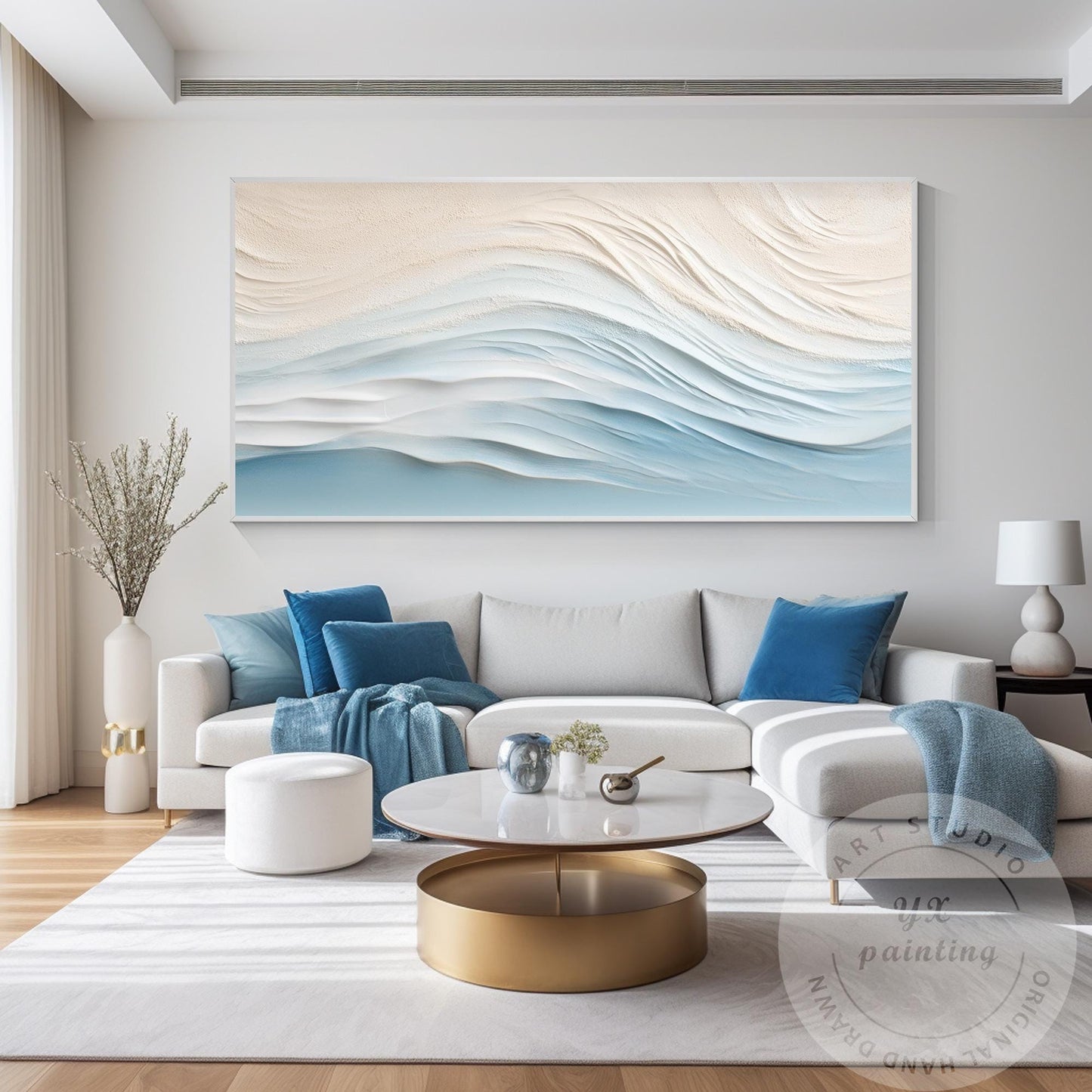 Textured Wave Painting, Beige Pale Blue Coastal Abstract Wall Art, 3D Minimalist #1