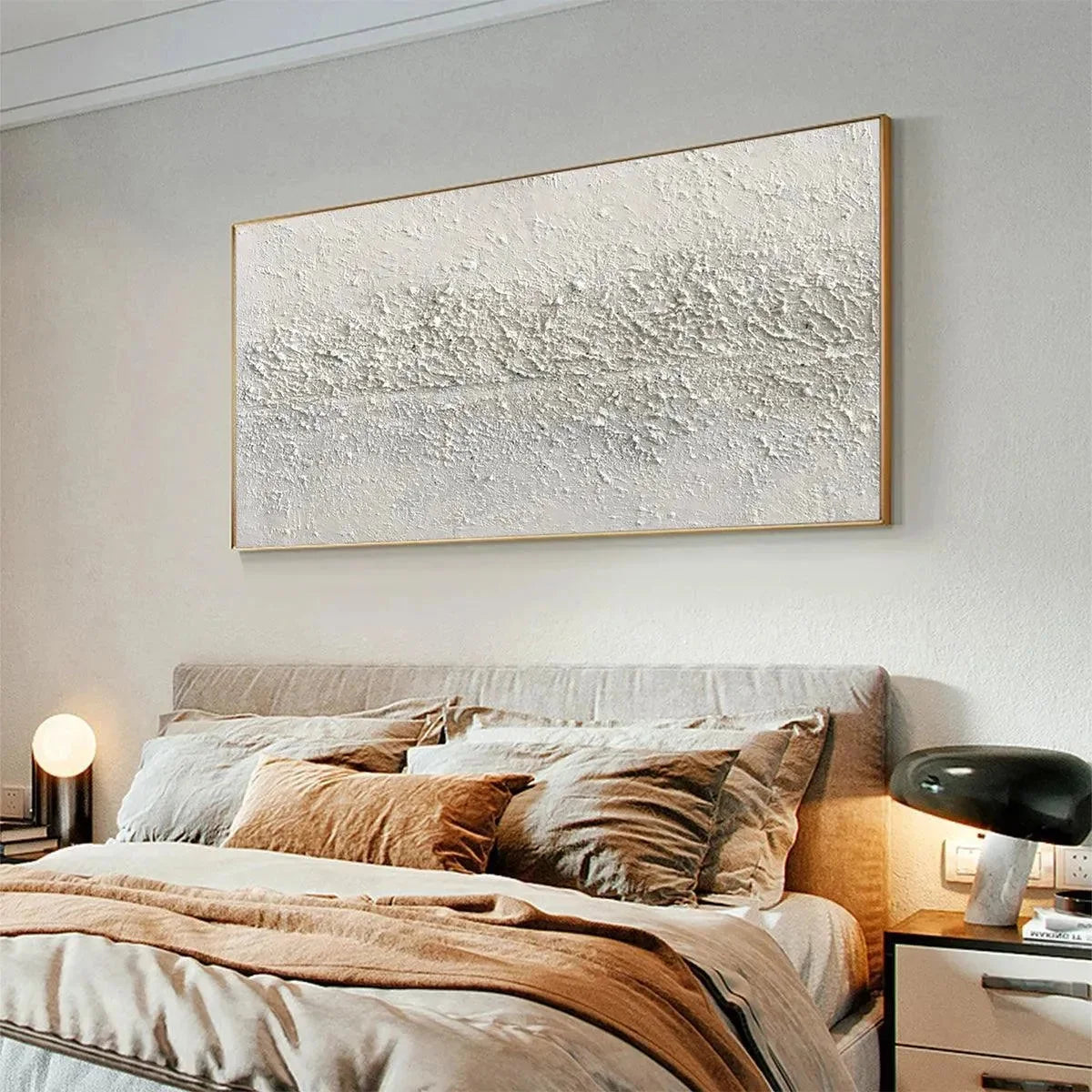 TEXTURED WHISPERS: Textured Minimalist Abstract Painting in White | gold frame stretched on neutral wall