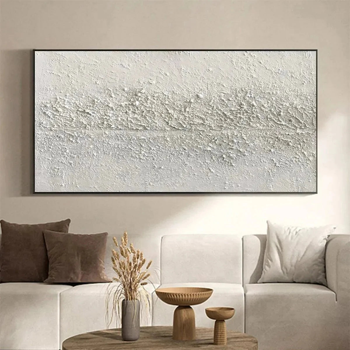 TEXTURED WHISPERS: Textured Minimalist Abstract Painting in White | black frame version on white wall