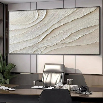DESERT FLOW: Beige Abstract Minimalist Textured Painting for Living Room | gold frame stretched on neutral wall