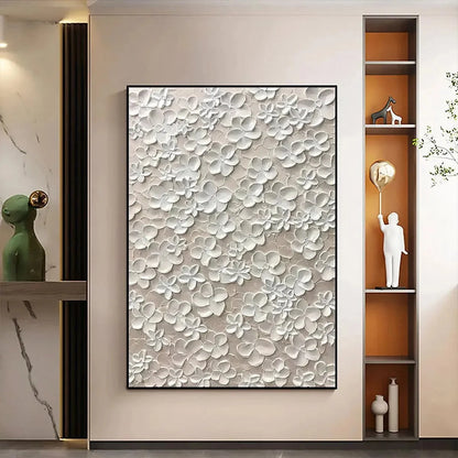 BLANC BLOOM: White Floral Impasto Painting for Bedroom | Minimalist closeup, raised brushwork detail