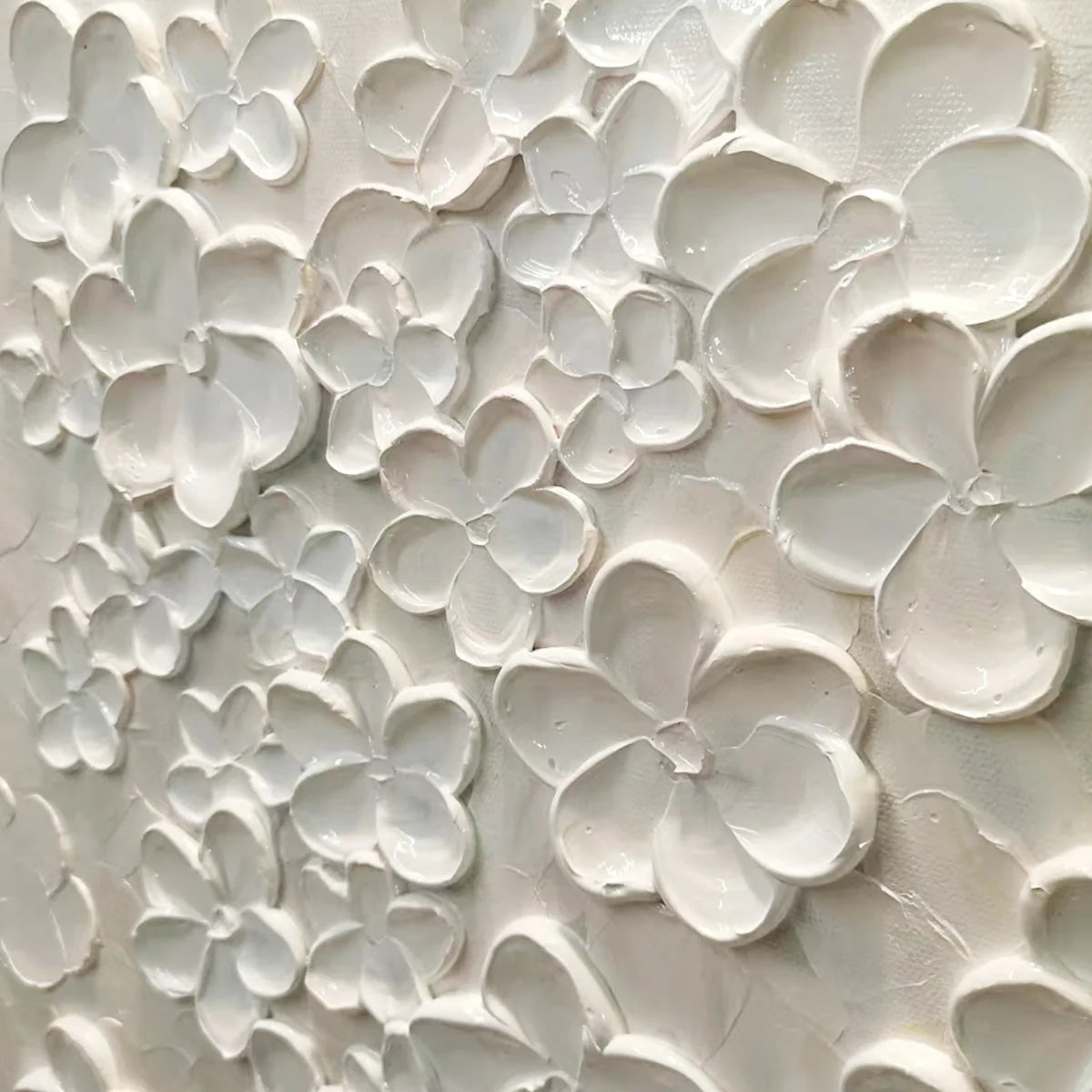 BLANC BLOOM: White Floral Impasto Painting for Bedroom | rectangular format, hand-painted canvas edge
