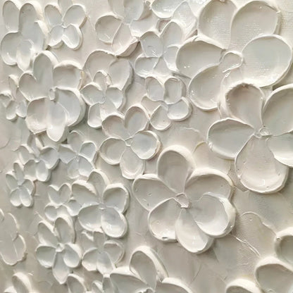 BLANC BLOOM: White Floral Impasto Painting for Bedroom | rectangular format, hand-painted canvas edge