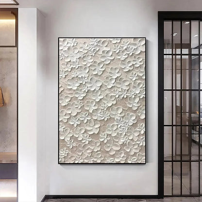 BLANC BLOOM: White Floral Impasto Painting for Bedroom | gold frame stretched on neutral wall