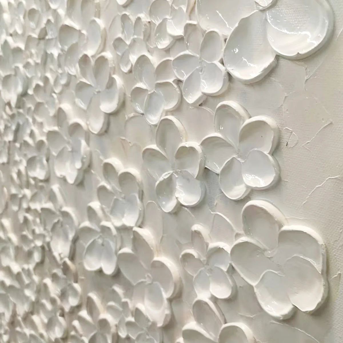 BLANC BLOOM: White Floral Impasto Painting for Bedroom | black frame version on white wall