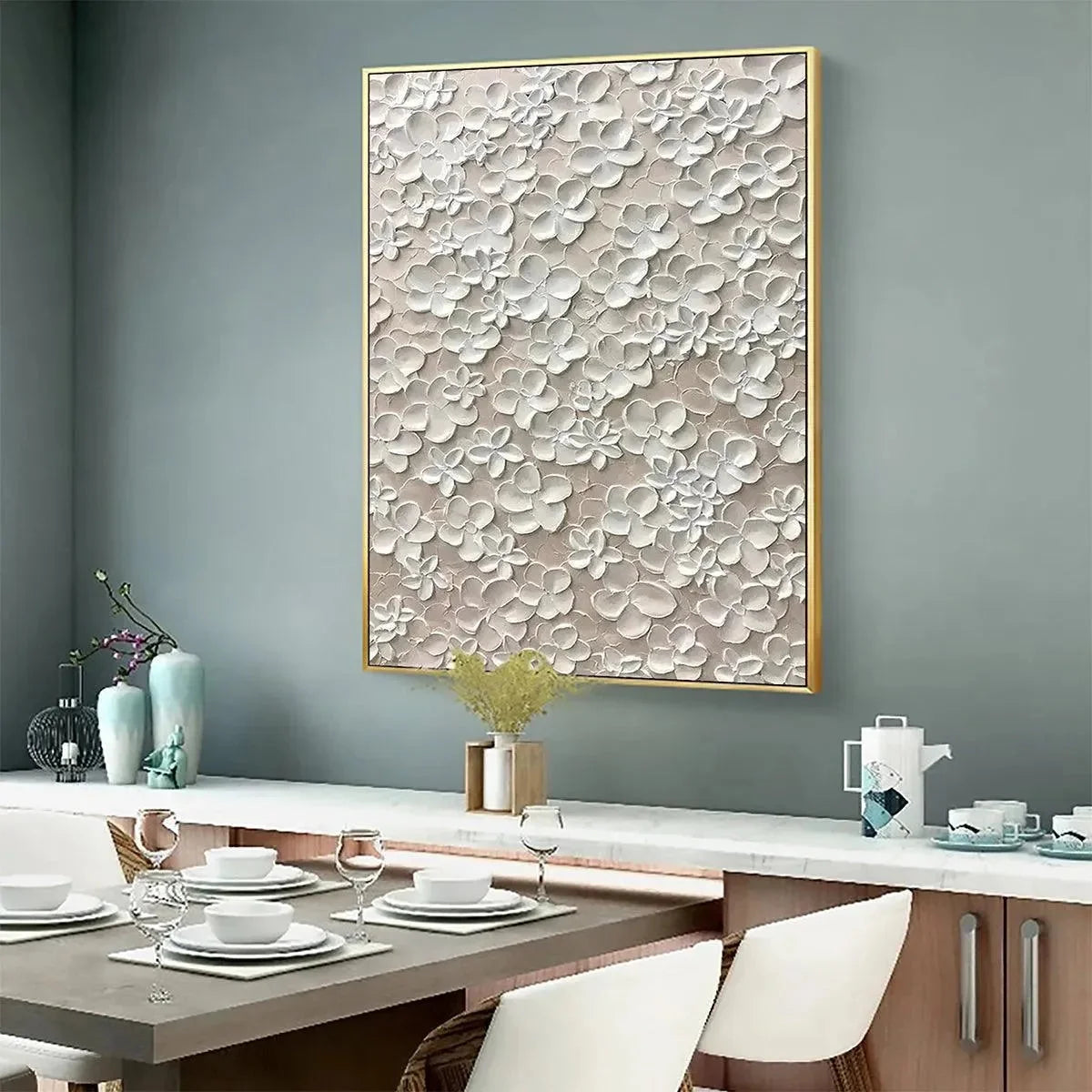 BLANC BLOOM: White Floral Impasto Painting for Bedroom | Minimalist mood, soft natural light studio shot