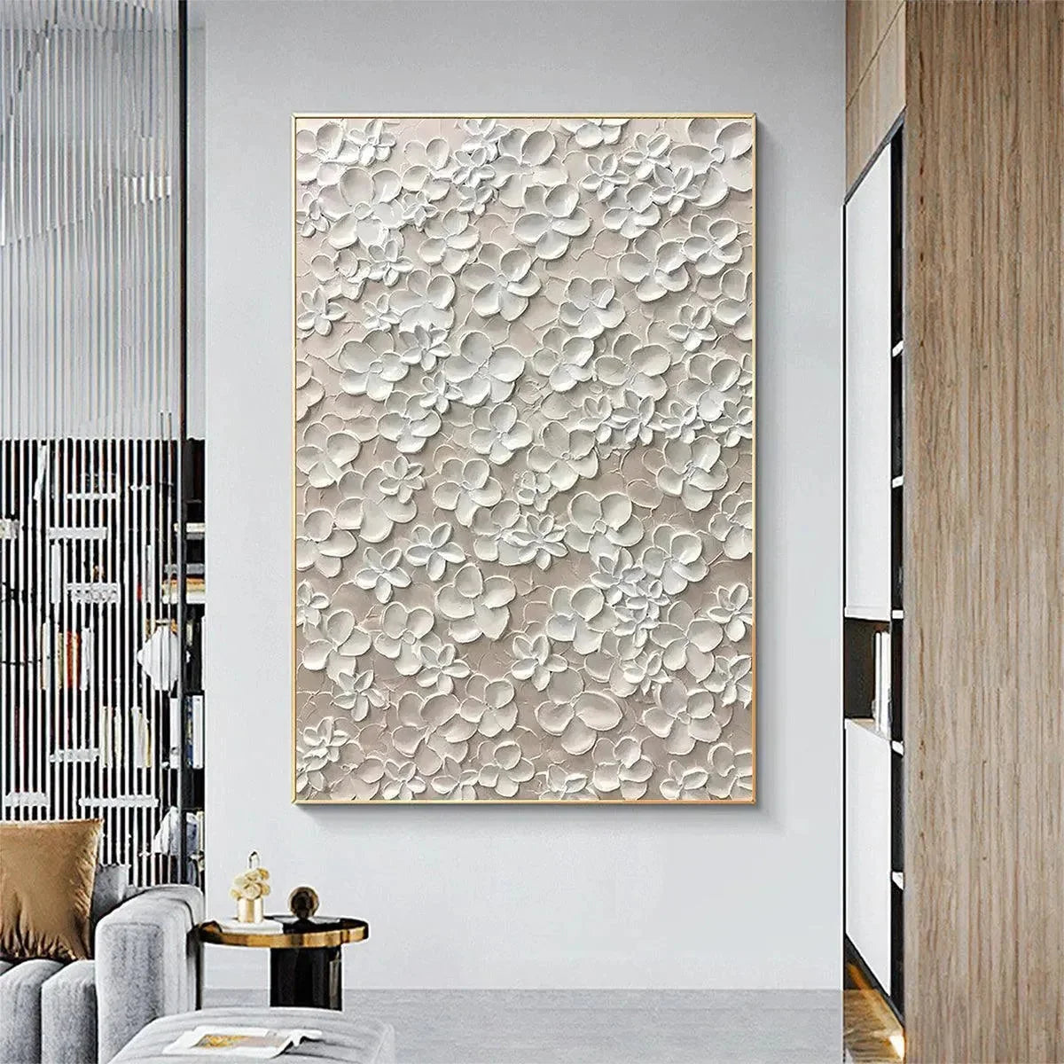 BLANC BLOOM: White Floral Impasto Painting for Bedroom | beige palette, original Hand-painted on premium stretched canvas with artist-grade oils; rich layered surface creates a luminous, sculptural...