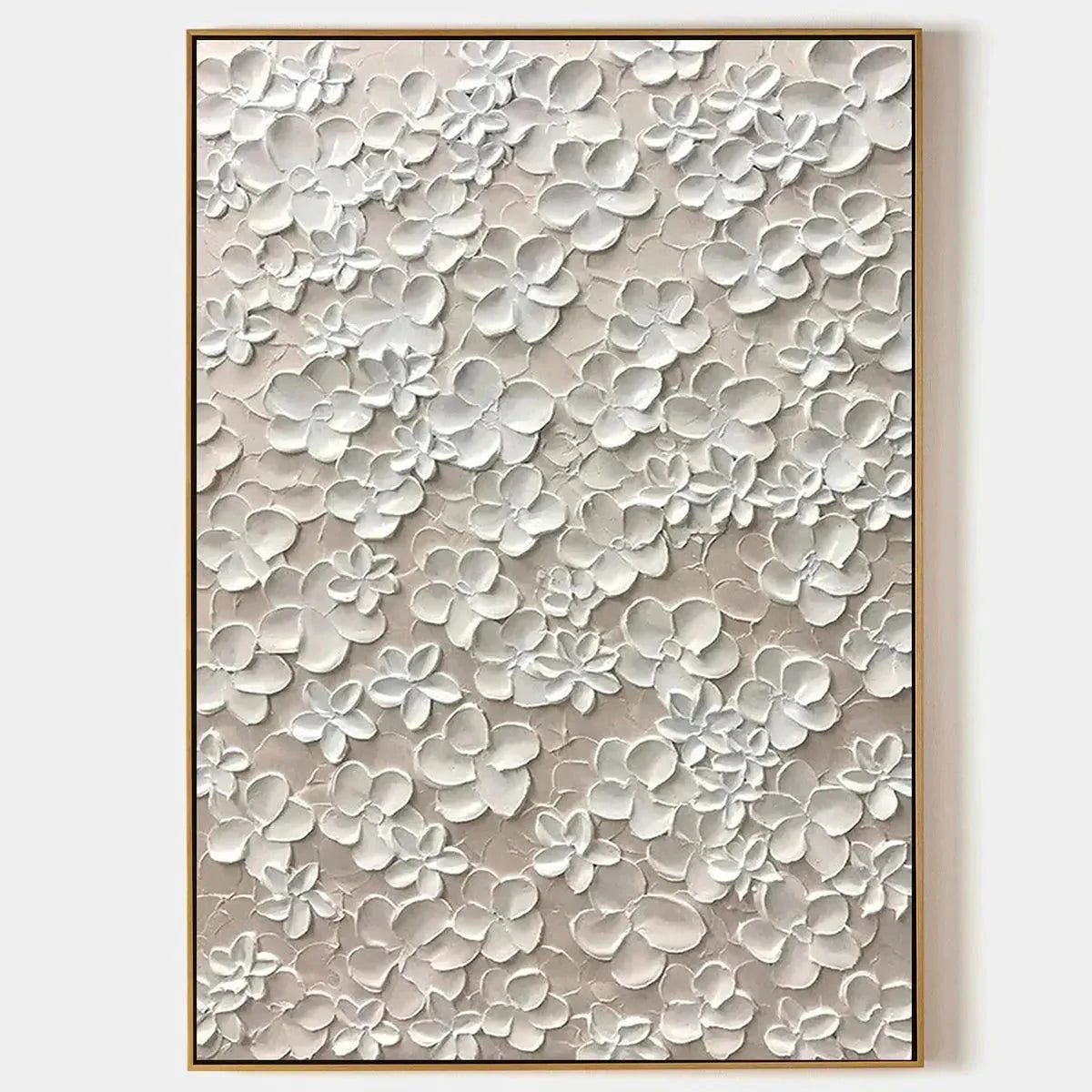BLANC BLOOM: White Floral Impasto Painting for Bedroom | hanging in White floral impasto oil painting in soft white, cream, and ivory tones; refined palette-knife work with delicate, peaceful flora...