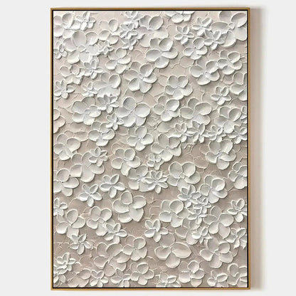 BLANC BLOOM: White Floral Impasto Painting for Bedroom | hanging in White floral impasto oil painting in soft white, cream, and ivory tones; refined palette-knife work with delicate, peaceful flora...