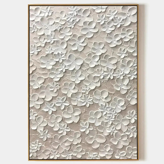 BLANC BLOOM: White Floral Impasto Painting for Bedroom | hanging in White floral impasto oil painting in soft white, cream, and ivory tones; refined palette-knife work with delicate, peaceful flora...