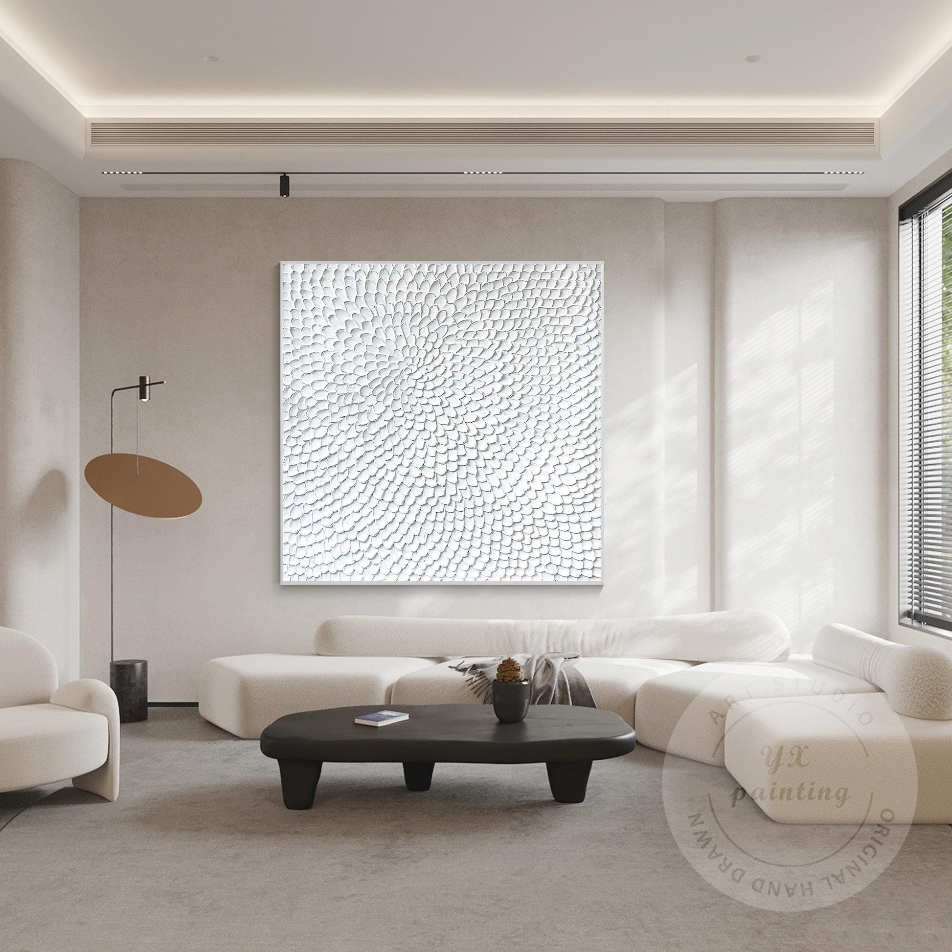 Textured White Flower Circle Painting: Abstract 3D Plaster Wall Art #5