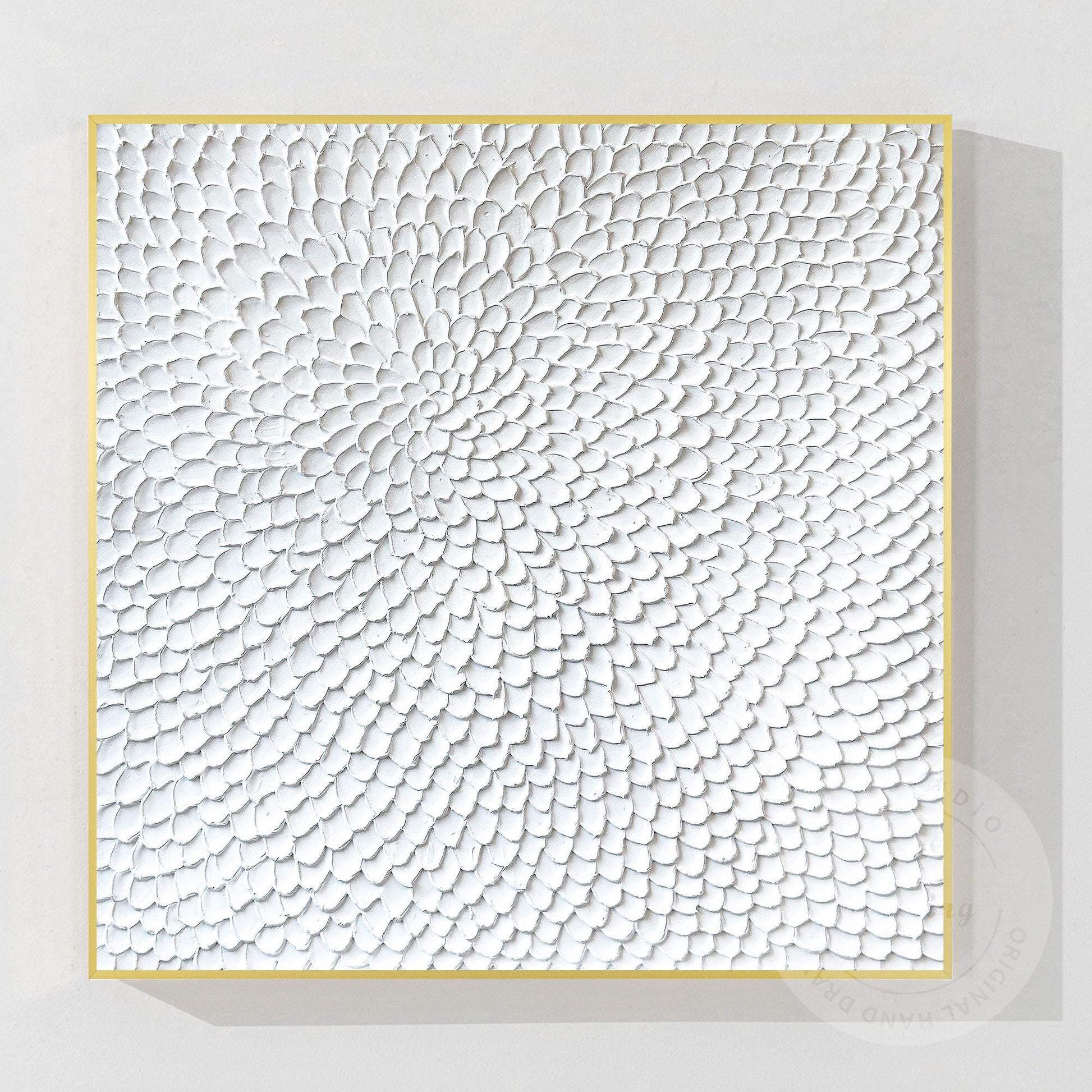 Textured White Flower Circle Painting: Abstract 3D Plaster Wall Art #8