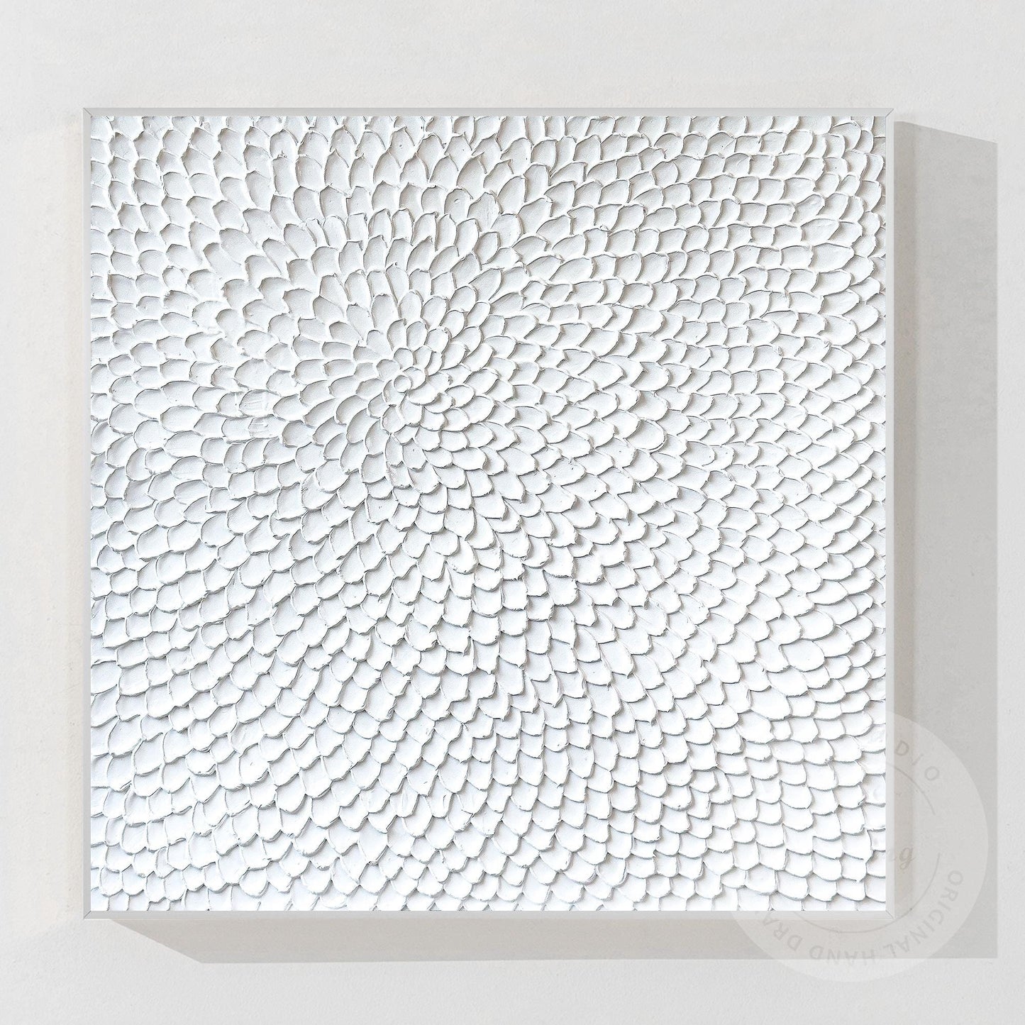Textured White Flower Circle Painting: Abstract 3D Plaster Wall Art #9