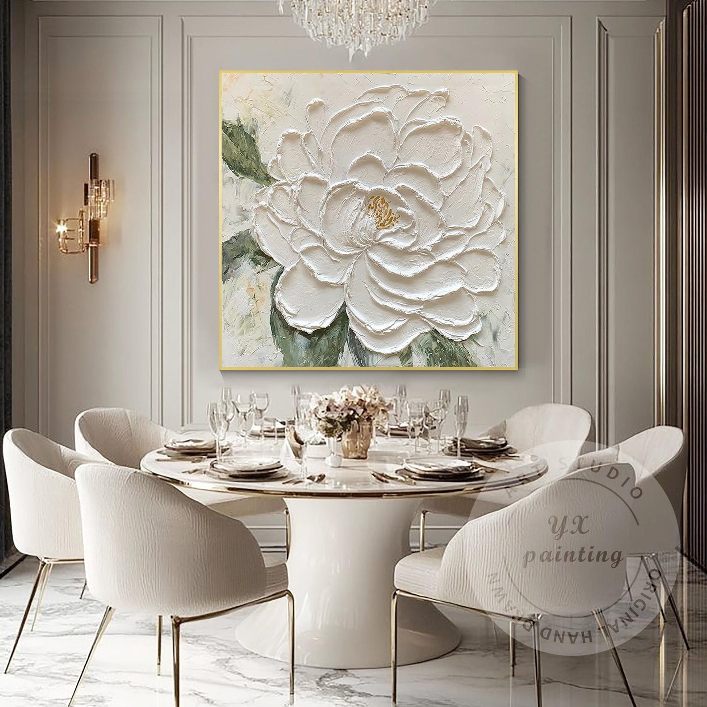 Textured White Flower Painting, 3D Floral Palette Knife Canvas Wall Art, Hand Pa #2