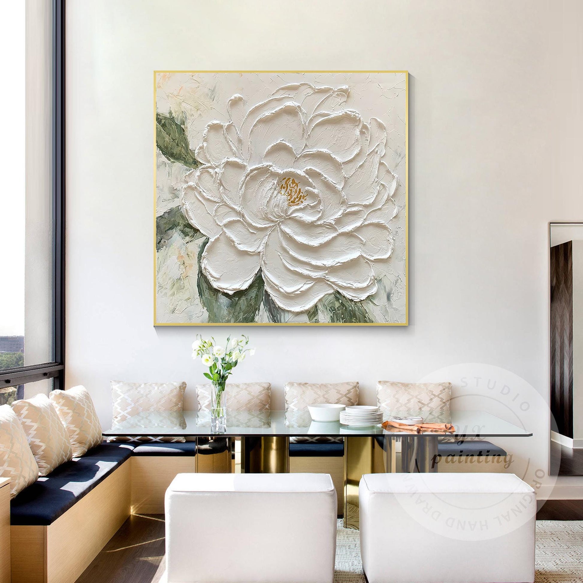 Textured White Flower Painting, 3D Floral Palette Knife Canvas Wall Art, Hand Pa #3