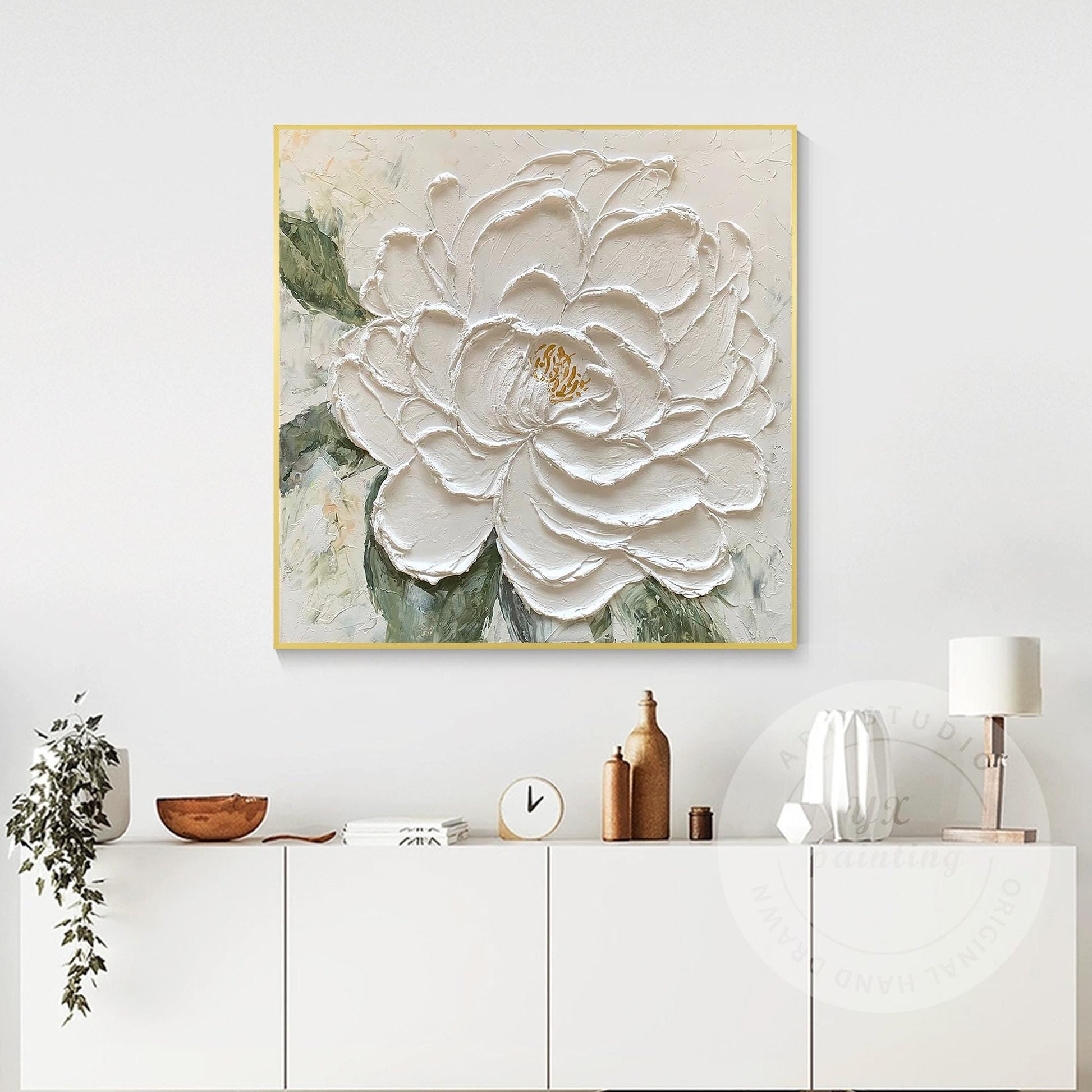Textured White Flower Painting, 3D Floral Palette Knife Canvas Wall Art, Hand Pa #5
