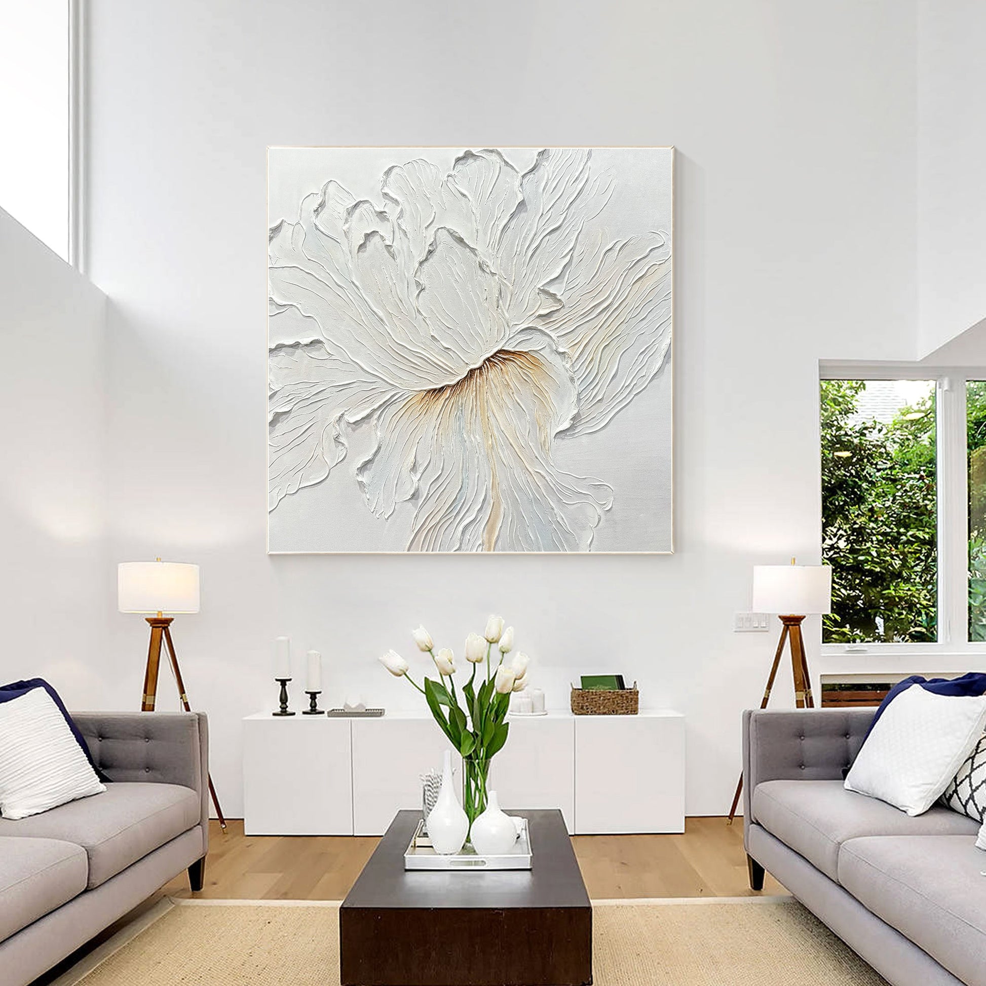 Textured White Flower Painting: 3D Minimalist Floral Wall Art #5