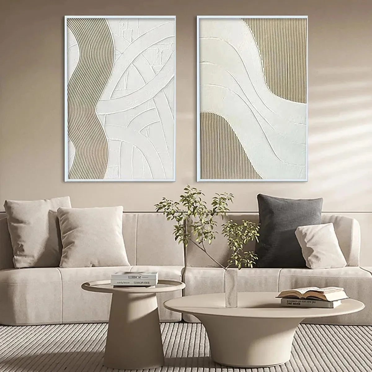 TEXTURED WHITE LINES DIPTYCH: Minimalist Textured Painting Set of 2, Square Wall Art | Minimalist closeup, raised brushwork detail