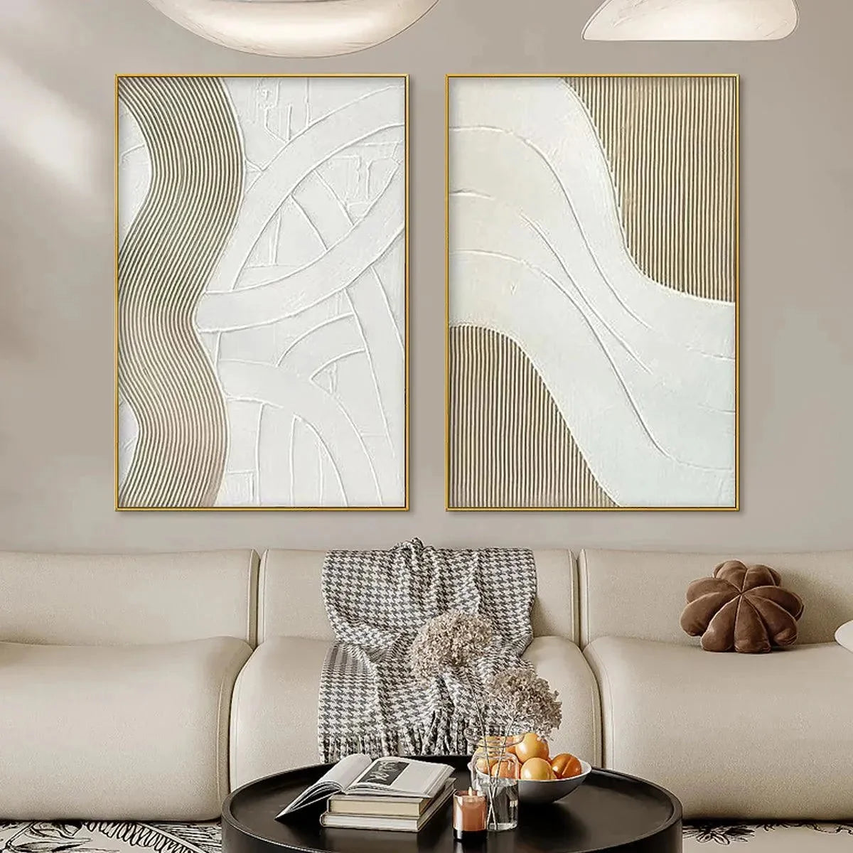 TEXTURED WHITE LINES DIPTYCH: Minimalist Textured Painting Set of 2, Square Wall Art | gold frame stretched on neutral wall