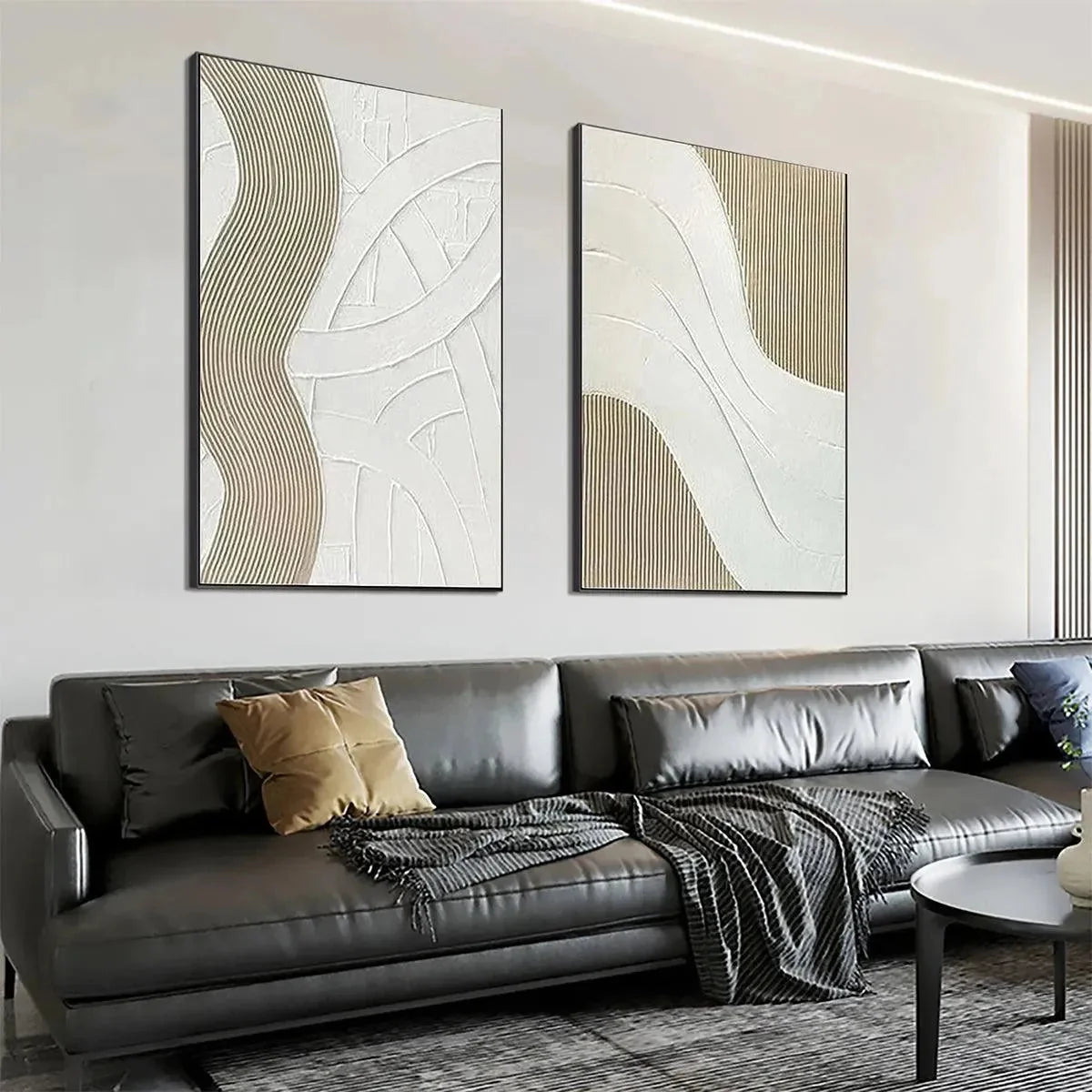 TEXTURED WHITE LINES DIPTYCH: Minimalist Textured Painting Set of 2, Square Wall Art | rolled canvas, ready for custom framing