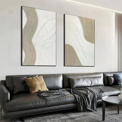 TEXTURED WHITE LINES DIPTYCH: Minimalist Textured Painting Set of 2, Square Wall Art | rolled canvas, ready for custom framing