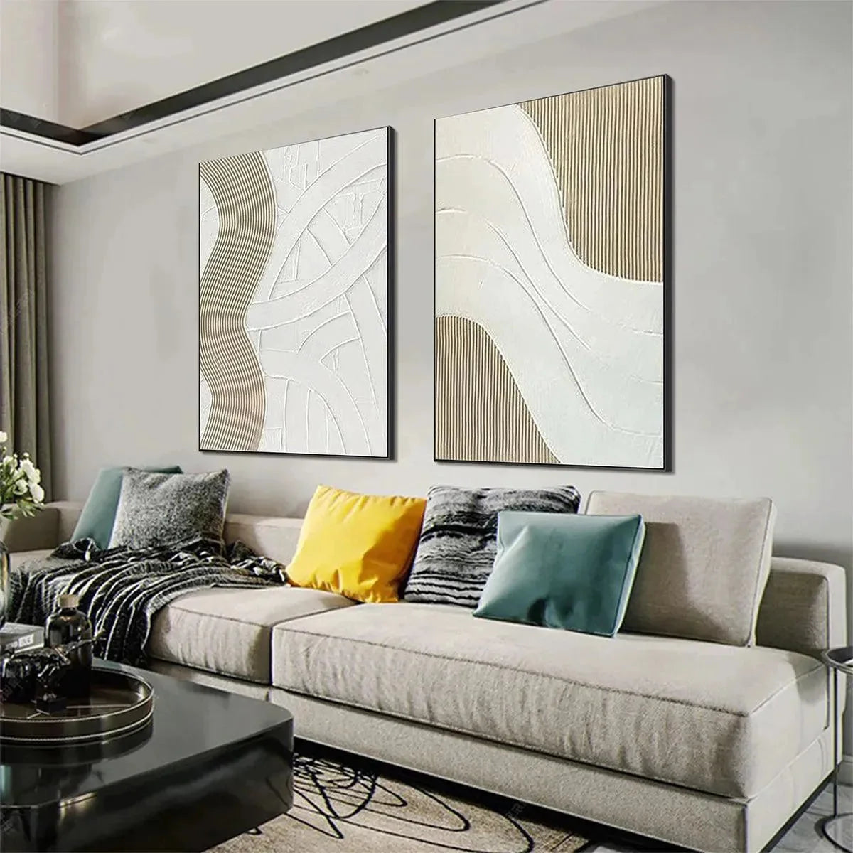 TEXTURED WHITE LINES DIPTYCH: Minimalist Textured Painting Set of 2, Square Wall Art | black frame version on white wall