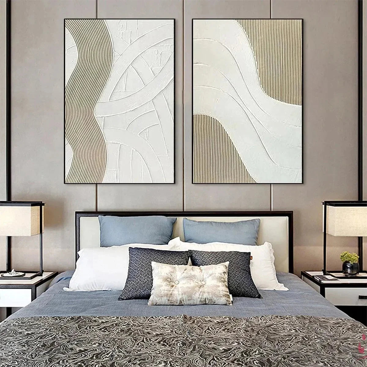 TEXTURED WHITE LINES DIPTYCH: Minimalist Textured Painting Set of 2, Square Wall Art | Minimalist mood, soft natural light studio shot