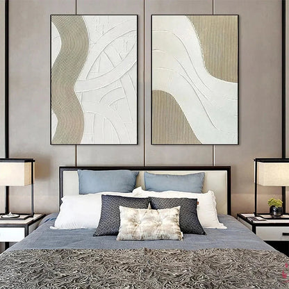 TEXTURED WHITE LINES DIPTYCH: Minimalist Textured Painting Set of 2, Square Wall Art | Minimalist mood, soft natural light studio shot