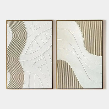 TEXTURED WHITE LINES DIPTYCH: Minimalist Textured Painting Set of 2, Square Wall Art | hanging in living room, Minimalist wall art