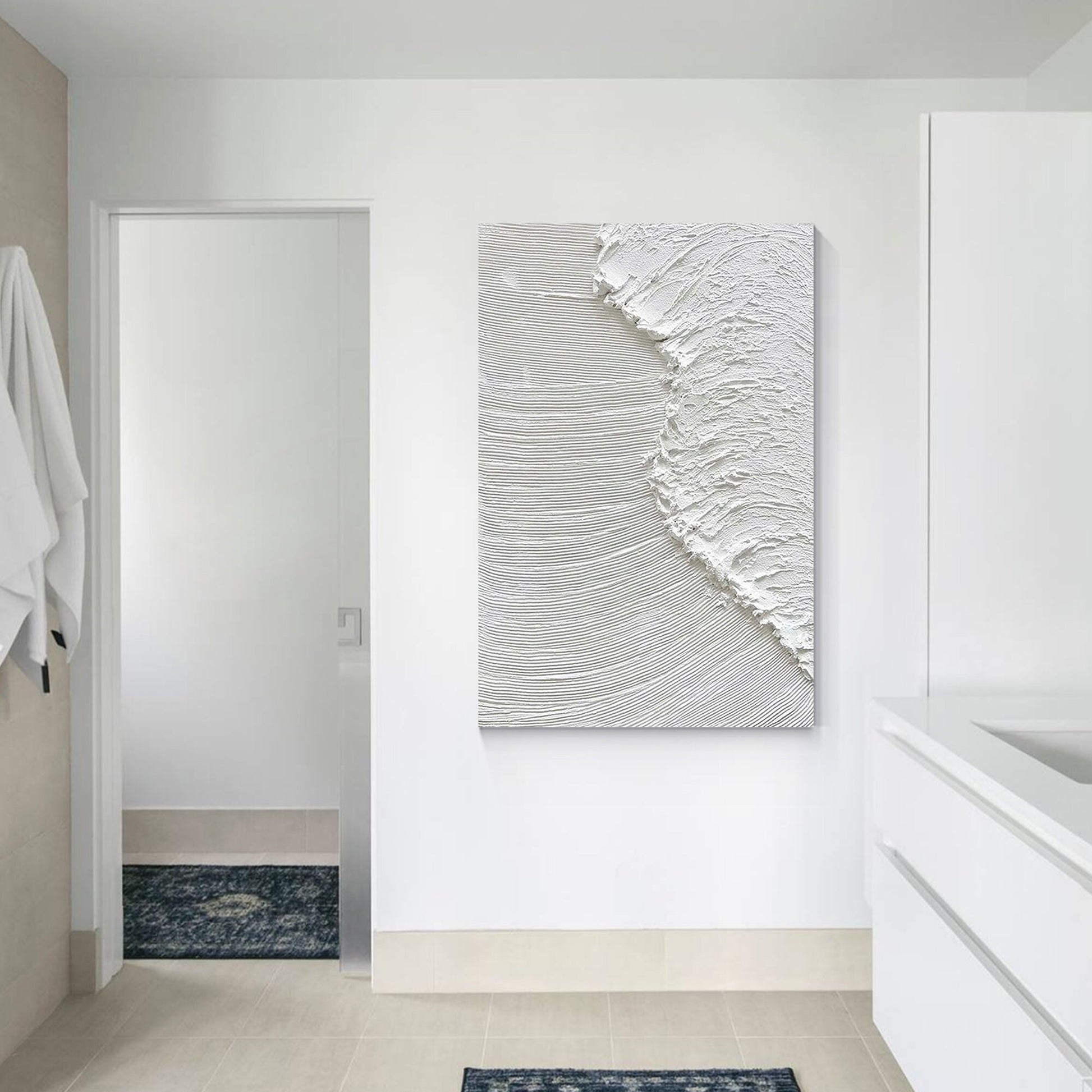 Textured White Ocean Waves Painting, Minimalist Coastal Wall Art, 3D Abstract Se #2