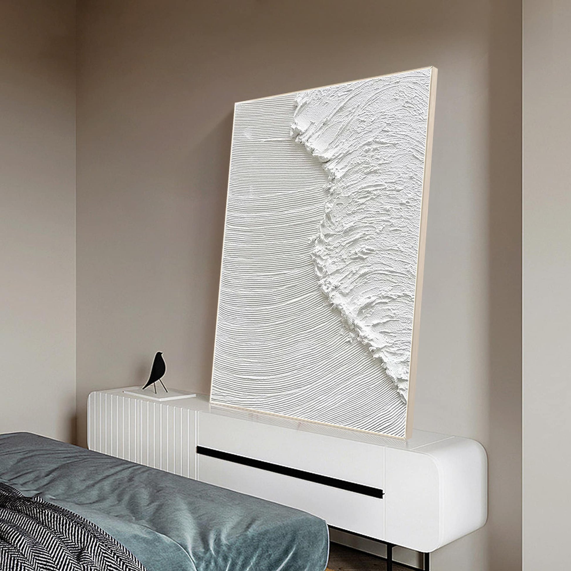 Textured White Ocean Waves Painting, Minimalist Coastal Wall Art, 3D Abstract Se #4