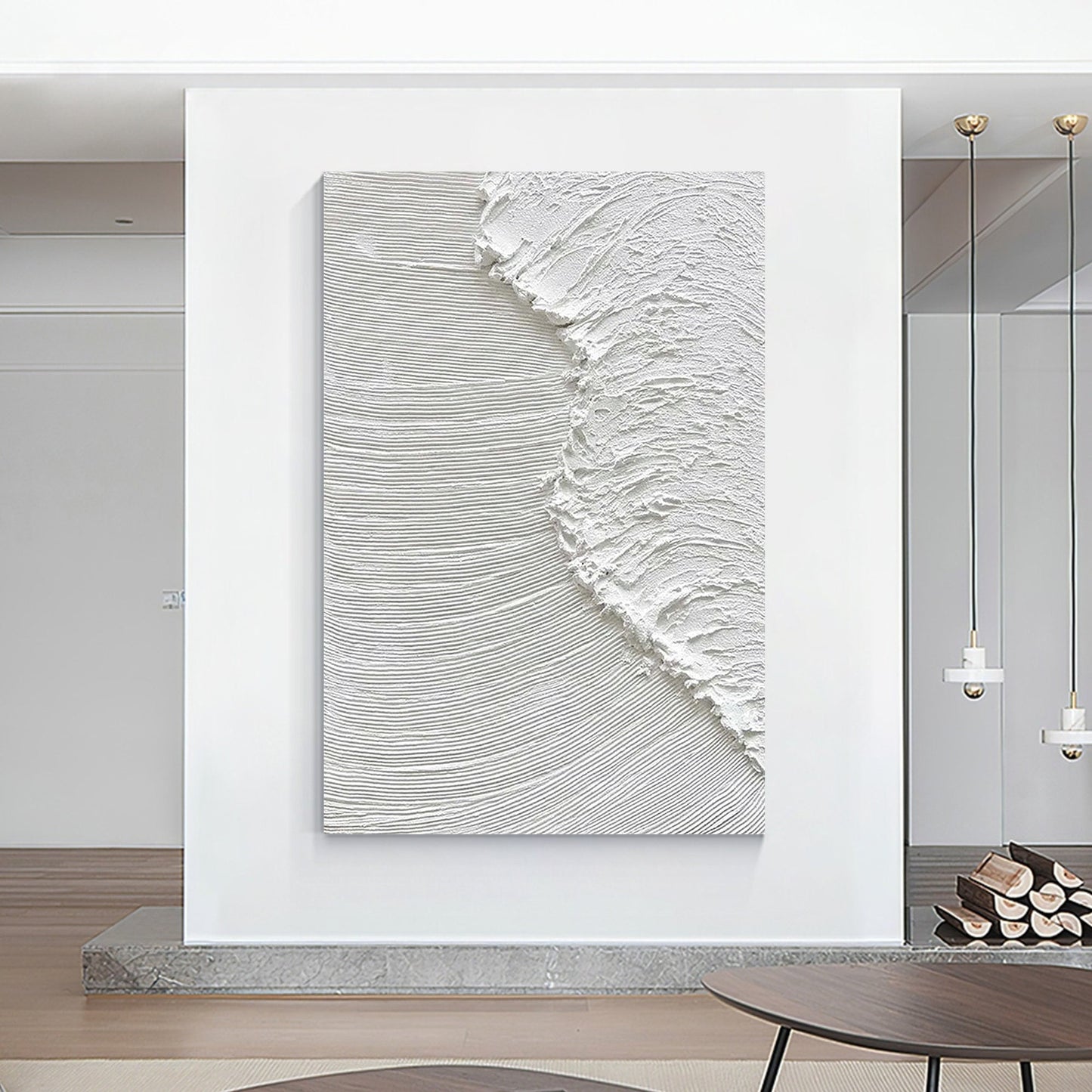 Textured White Ocean Waves Painting, Minimalist Coastal Wall Art, 3D Abstract Se #1