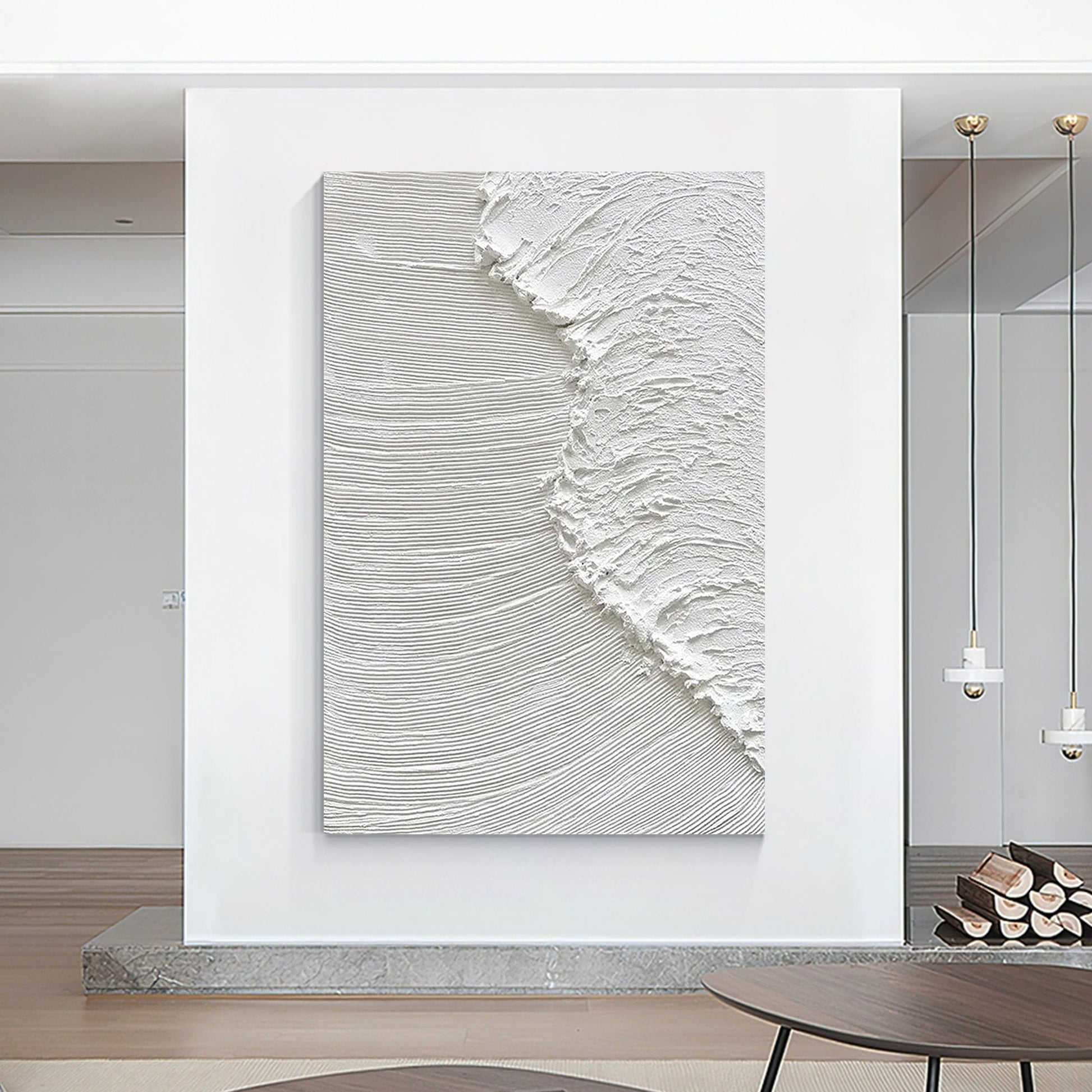 Textured White Ocean Waves Painting, Minimalist Coastal Wall Art, 3D Abstract Se #1
