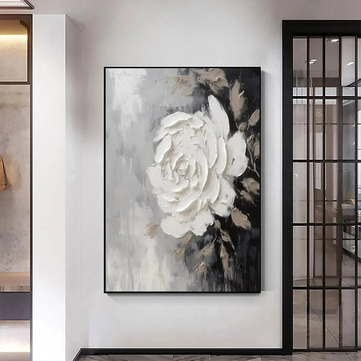 TEXTURED WHITE ROSE: 3D Floral Impasto Painting, Square Wall Art | Abstract closeup, raised brushwork detail