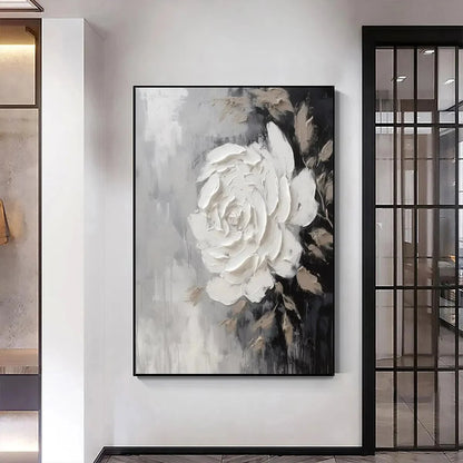 TEXTURED WHITE ROSE: 3D Floral Impasto Painting, Square Wall Art | Abstract closeup, raised brushwork detail