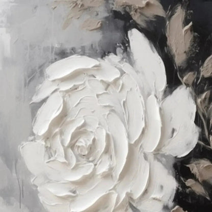 TEXTURED WHITE ROSE: 3D Floral Impasto Painting, Square Wall Art | rectangular format, hand-painted canvas edge