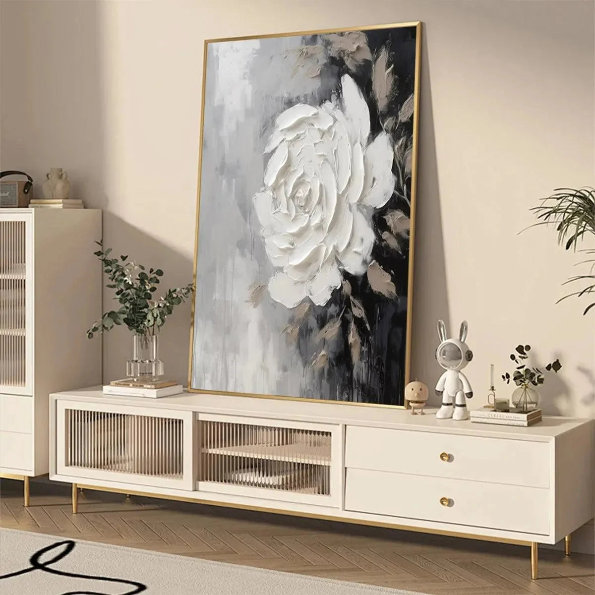 TEXTURED WHITE ROSE: 3D Floral Impasto Painting, Square Wall Art | gold frame stretched on neutral wall