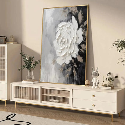 TEXTURED WHITE ROSE: 3D Floral Impasto Painting, Square Wall Art | gold frame stretched on neutral wall