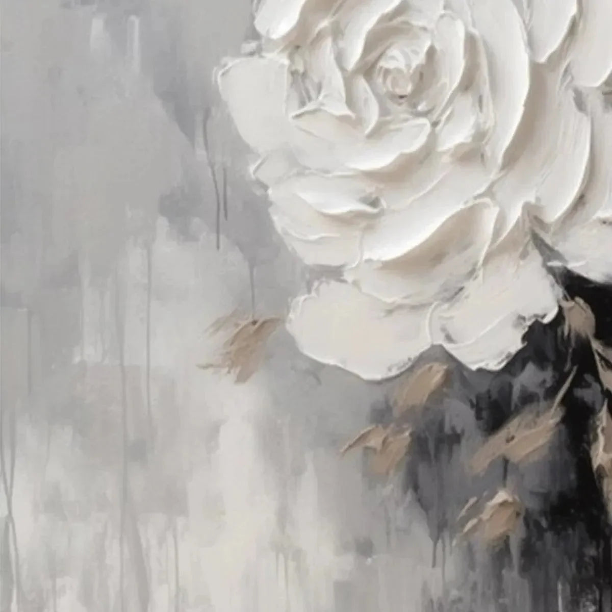 TEXTURED WHITE ROSE: 3D Floral Impasto Painting, Square Wall Art | rolled canvas, ready for custom framing
