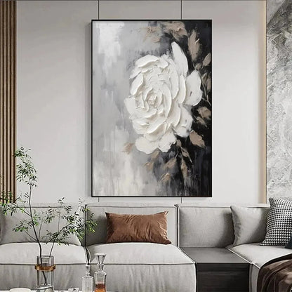 TEXTURED WHITE ROSE: 3D Floral Impasto Painting, Square Wall Art | black frame version on white wall