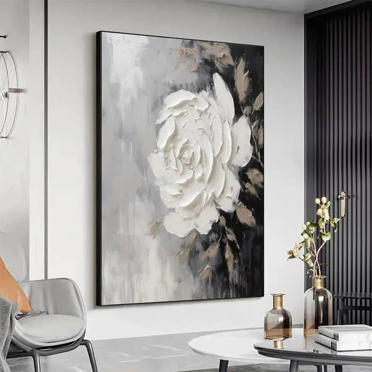 TEXTURED WHITE ROSE: 3D Floral Impasto Painting, Square Wall Art | Abstract mood, soft natural light studio shot